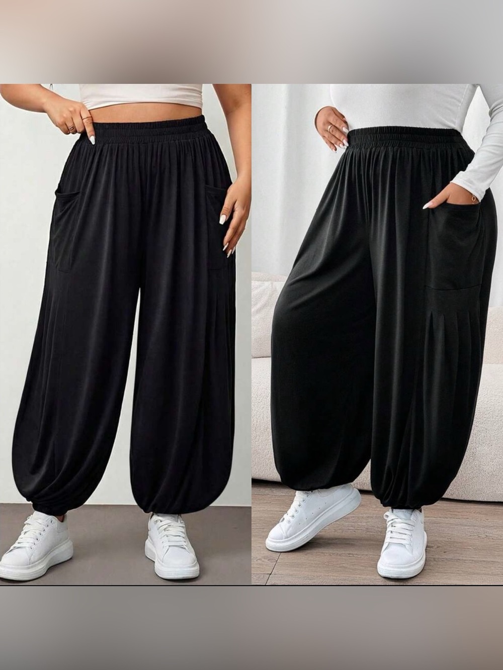 SHEINCurve+ Black Elastic-Waist Wide Leg Harem Pants with Pockets